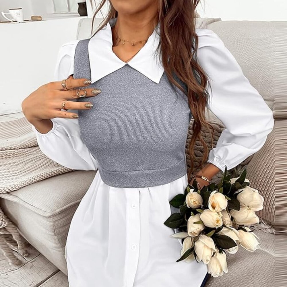 2 in 1 Grey Knit Vest on White Button Down Shirt